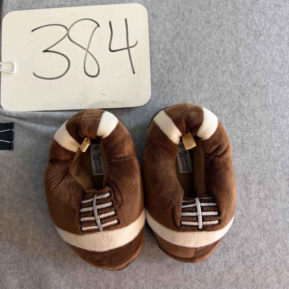 American Exchange Kids Football Plush Slippers Brown White Size Small 5-6